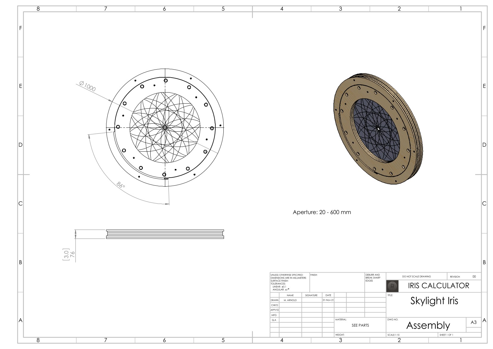 Skylight iris diaphragm CAD drawing